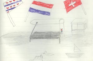 Een tekening van vlaggen gemaakt door een kind aan boord van de boot Vesta