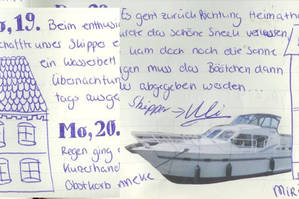 Compositie tekening van een kind aan boord - impressies van Friesland vanaf de boot
