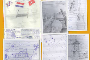 Collage van tekeningen door kinderen op de boot gemaakt